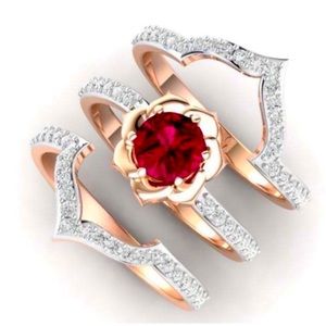 New Dazzling Rose Gold Ruby & White Sapphire 3 Piece Ring Set